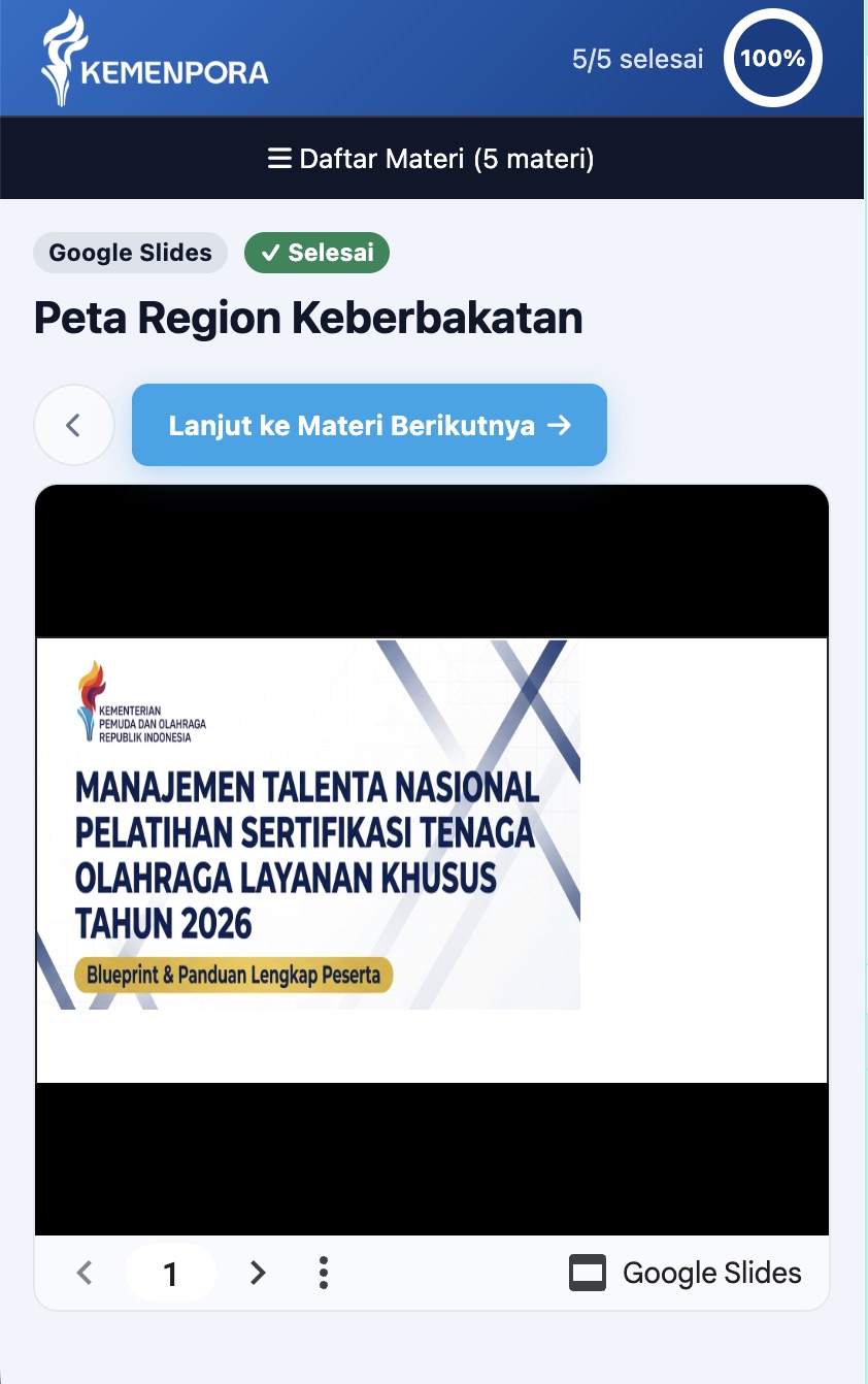 Halaman materi kursus e-learning terbuka di ponsel
