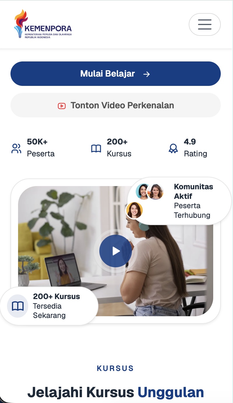 Tampilan portal e-learning Kemenpora di layar ponsel